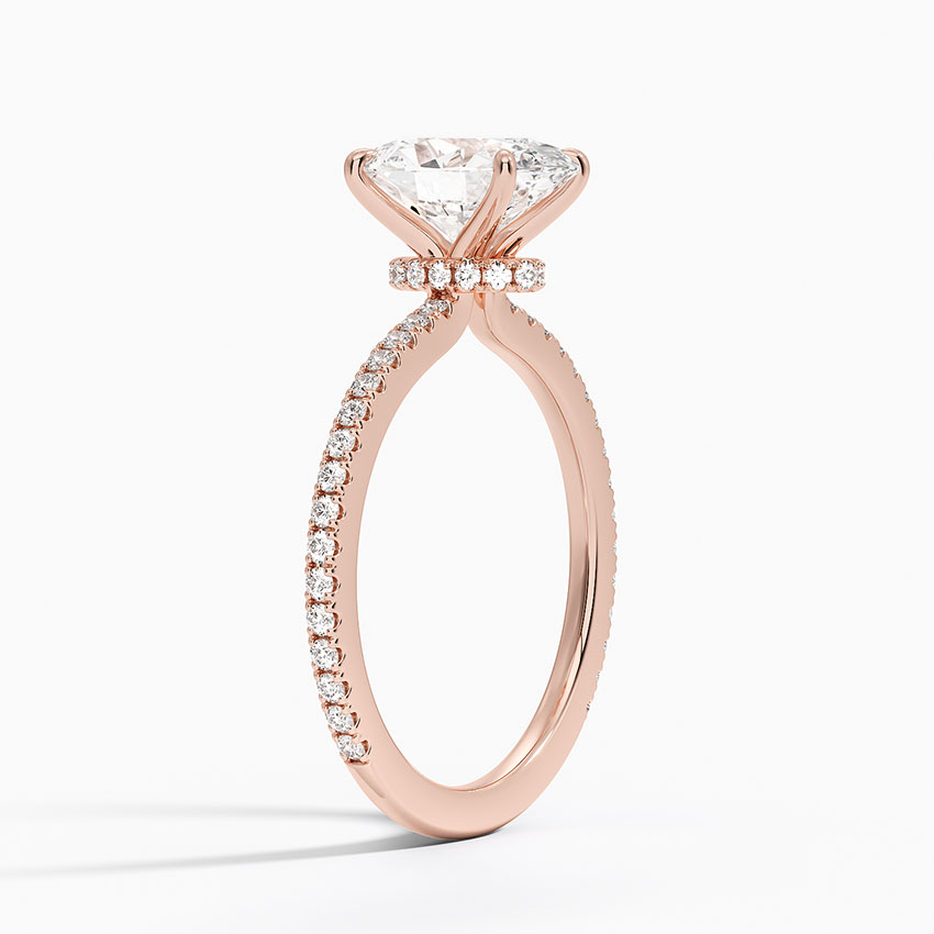 Oval Cut Diamond Engagement Ring, Hidden Halo Pavé Band, Solid Gold Ring
