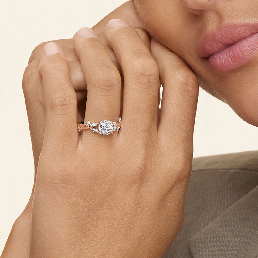 Twisted Vine Moissanite Engagement Ring, Round Cut Solitaire with Leaf Side Stones, Nature Inspired Gold Ring