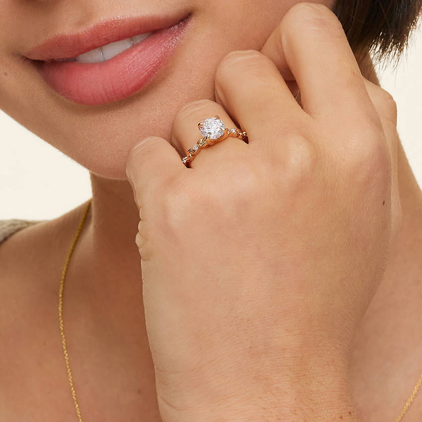 Round Cut Diamond Engagement Ring, Nature Inspired Leaf Band Ring, Floral Vine Gold Ring