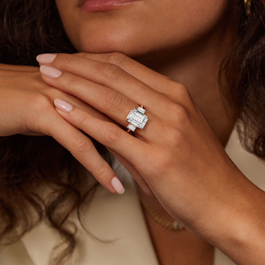 Emerald Cut Diamond Three Stone Engagement Ring, 3 Stone Emerald Cut Ring, Minimalist Luxury Bridal Ring