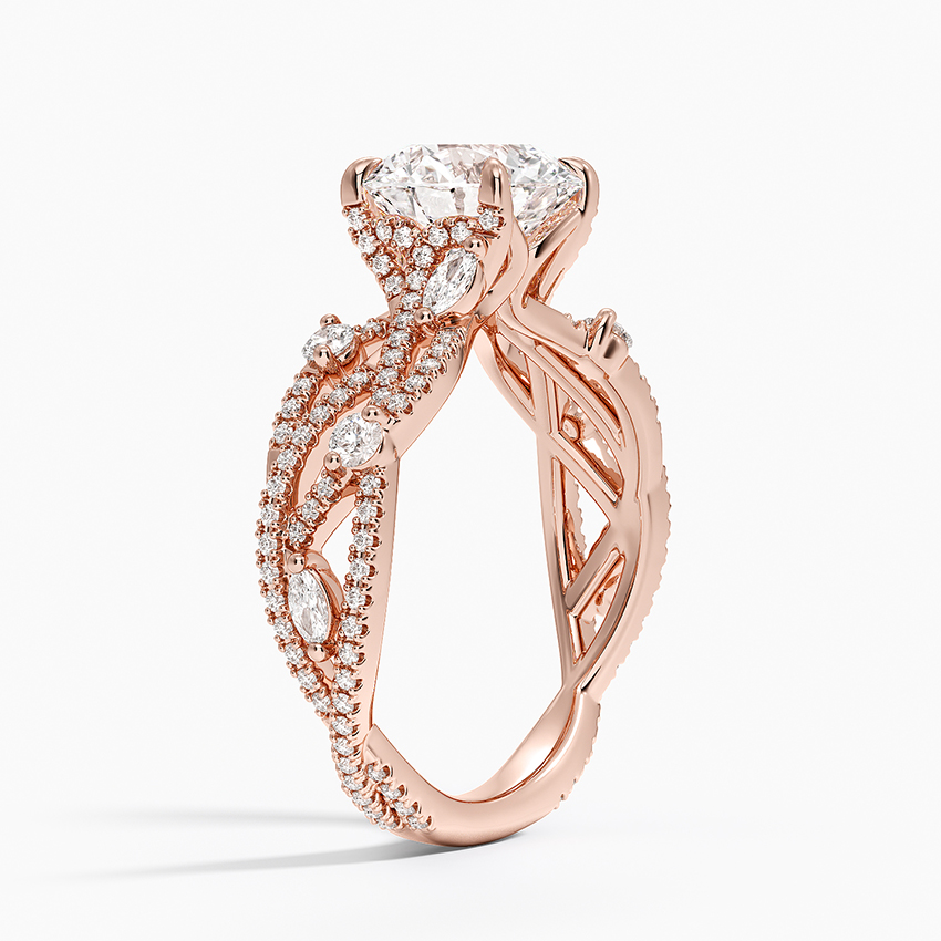 Vintage Inspired Round Cut Moissanite Engagement Ring, Twisted Vine Diamond Band, Floral Split Shank Ring