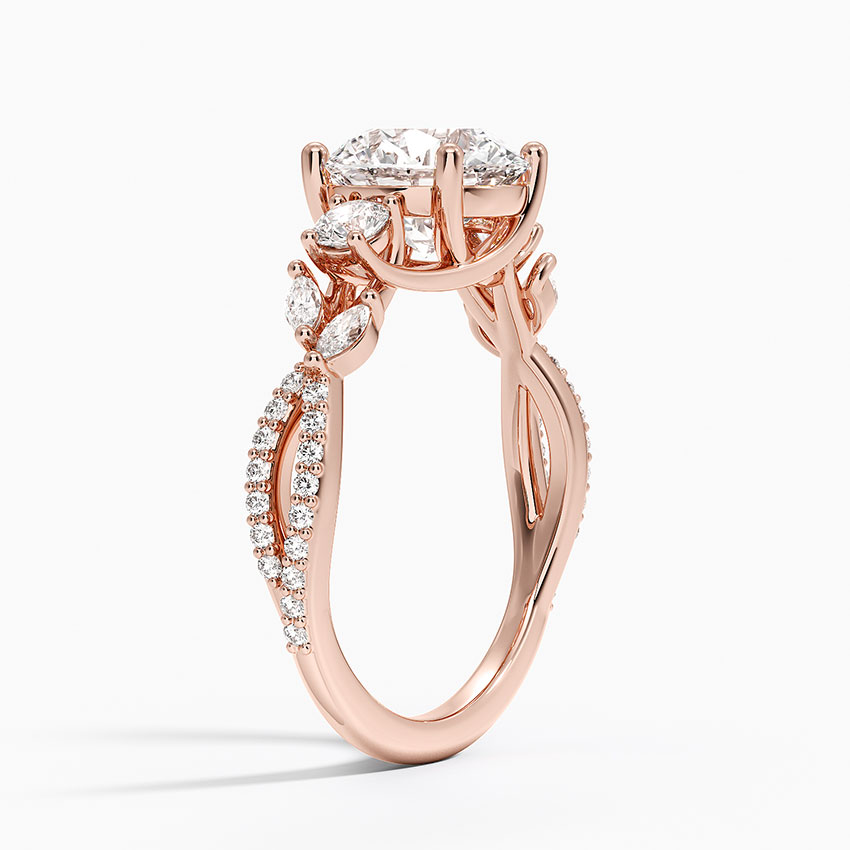 Round Cut Diamond Engagement Ring, Twisted Vine Band Ring, Floral Inspired Cluster Side Stones