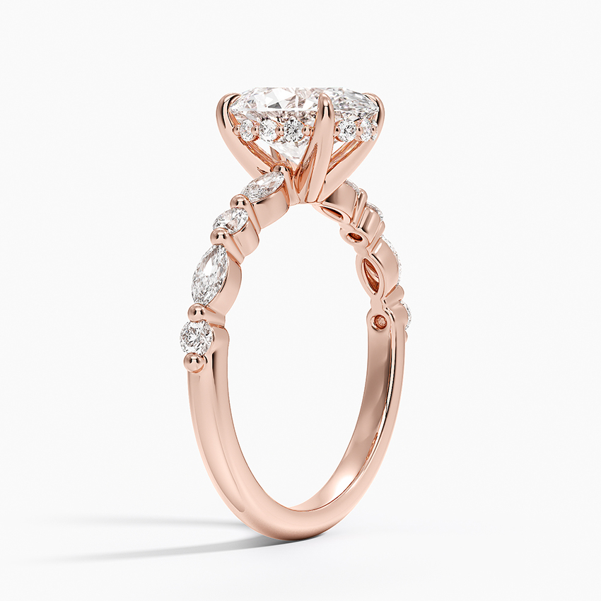 Oval Cut Diamond Engagement Ring with Marquise, Hidden Halo Solitaire Ring