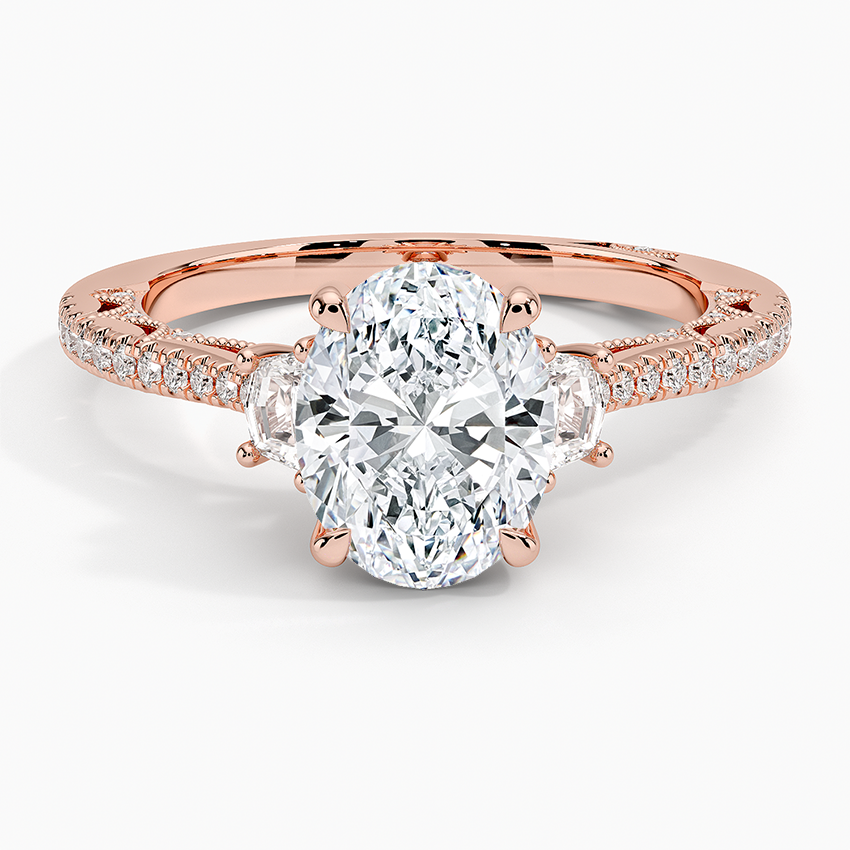 Oval Cut Diamond Engagement Ring,Three Stone Baguette Side Diamonds, Pavé Band Bridal Ring