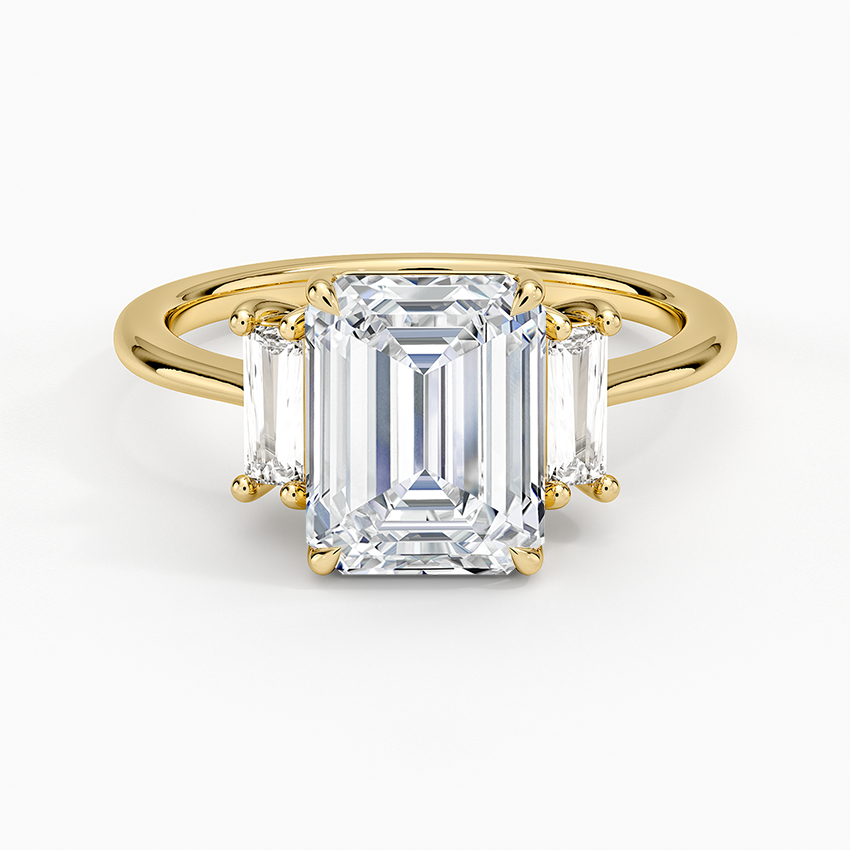 Emerald Cut Diamond Three Stone Engagement Ring, Baguette Side Stone Ring, Solid Gold Promise Ring