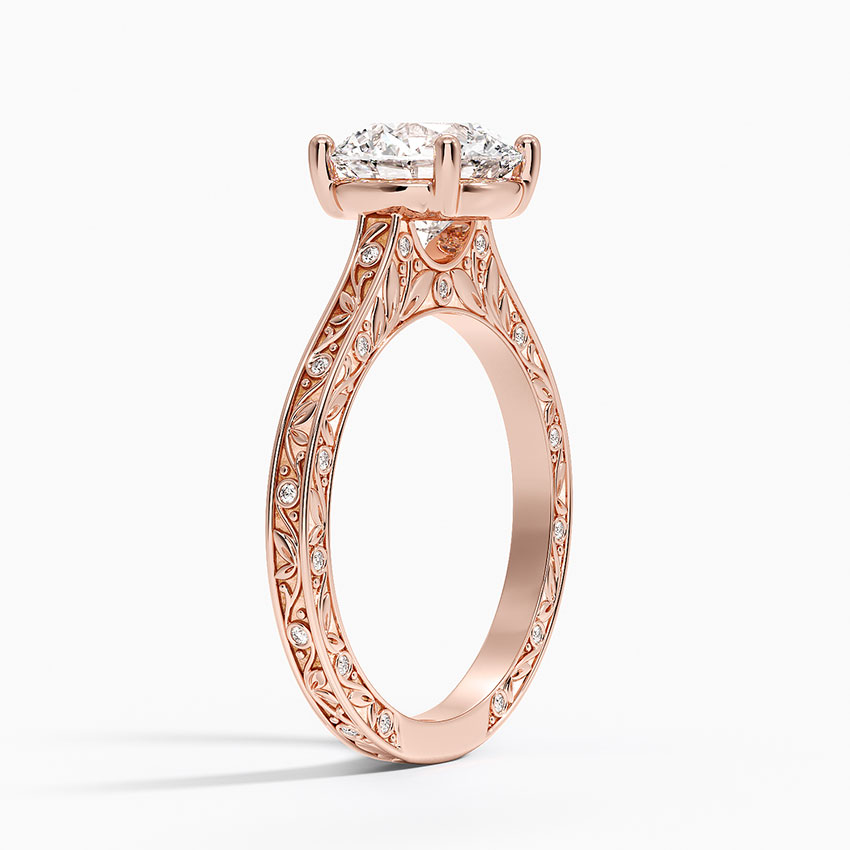 Vintage Floral Engraved Solitaire Moissanite Ring, Round Cut Diamond Ring, Unique Bridal Ring Gift for Her