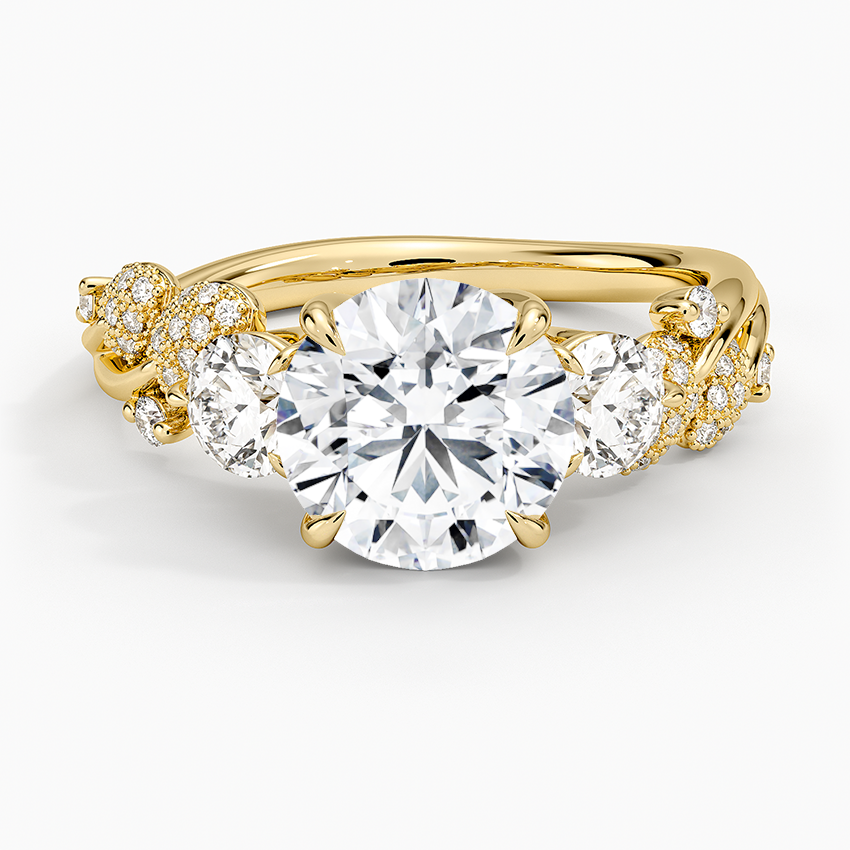 Round Cut Diamond Engagement Ring, Three Stone Diamond Ring, Floral Cluster Side Stones Ring