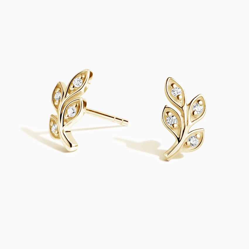 Minimalist Diamond Leaf Stud Earrings, Nature Inspired Gold Leaf Earrings, Dainty Rose Gold Studs