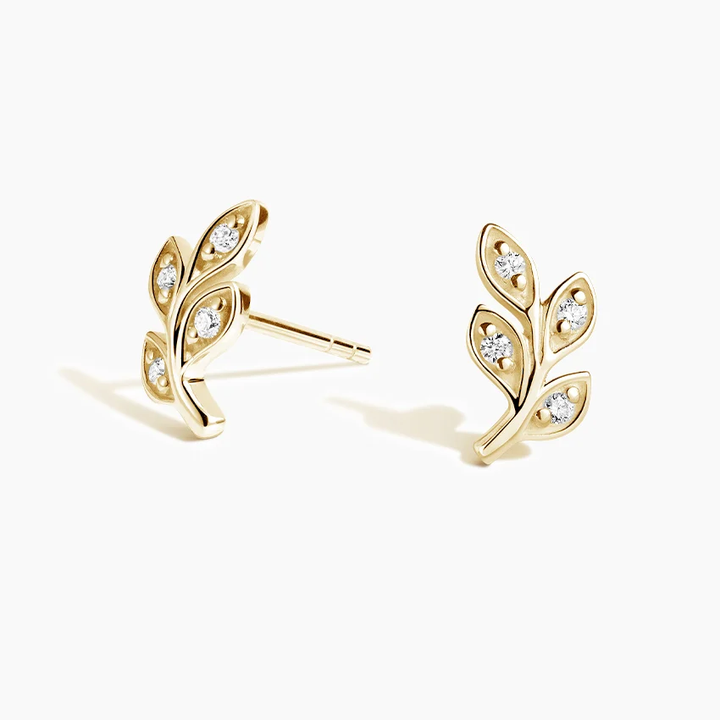 Minimalist Diamond Leaf Stud Earrings, Nature Inspired Gold Leaf Earrings, Dainty Rose Gold Studs