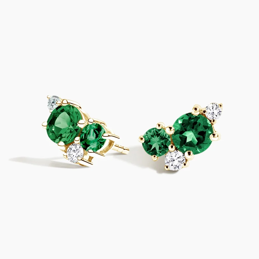 Emerald Green Gemstone & Diamond Cluster Stud Earrings