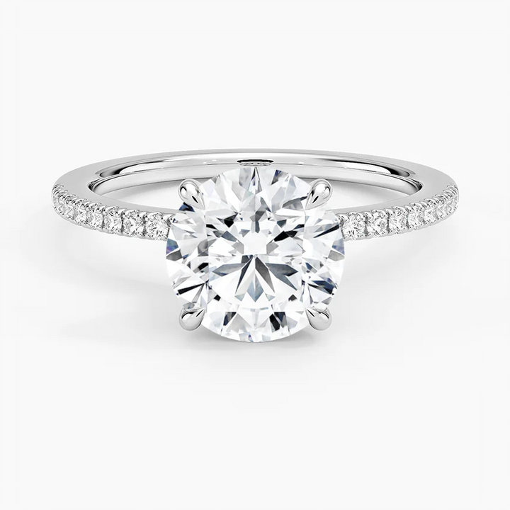 Round Cut Solitaire Diamond Engagement Ring with Pavé Band, Promise Ring, Minimalist Bridal Ring