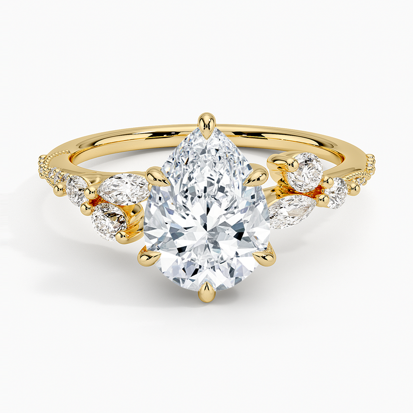 Pear Cut Moissanite Engagement Ring, Leaf Diamond Side Stone Ring, Solid Gold Promise Ring