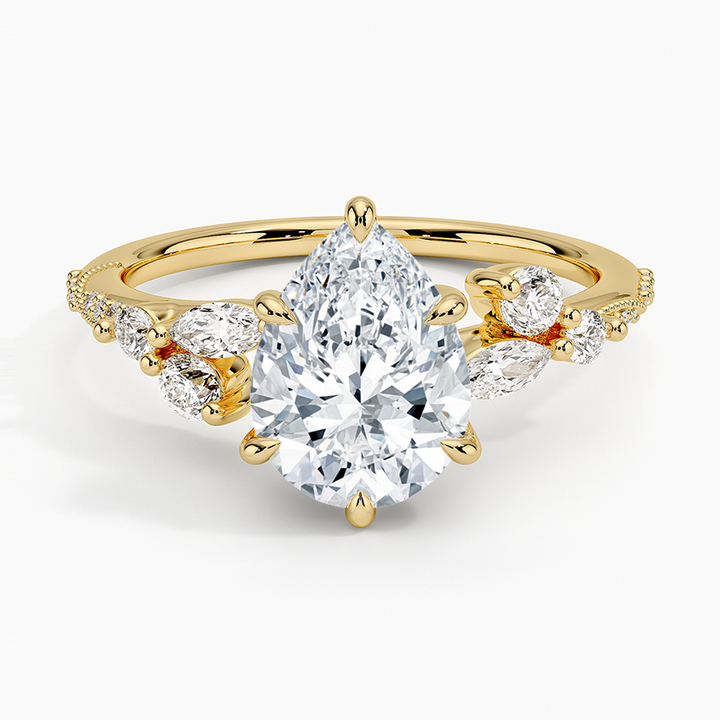 Pear Cut Moissanite Engagement Ring, Leaf Diamond Side Stone Ring, Solid Gold Promise Ring