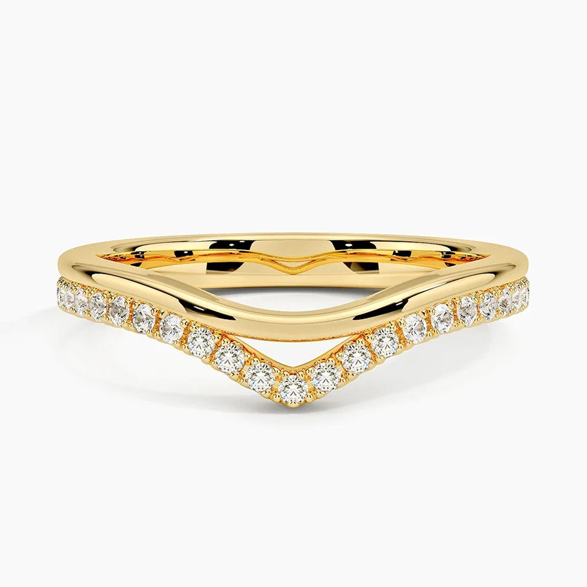 Chevron Diamond V Band Ring Set, Curved Wedding Band, Minimalist Stackable Ring