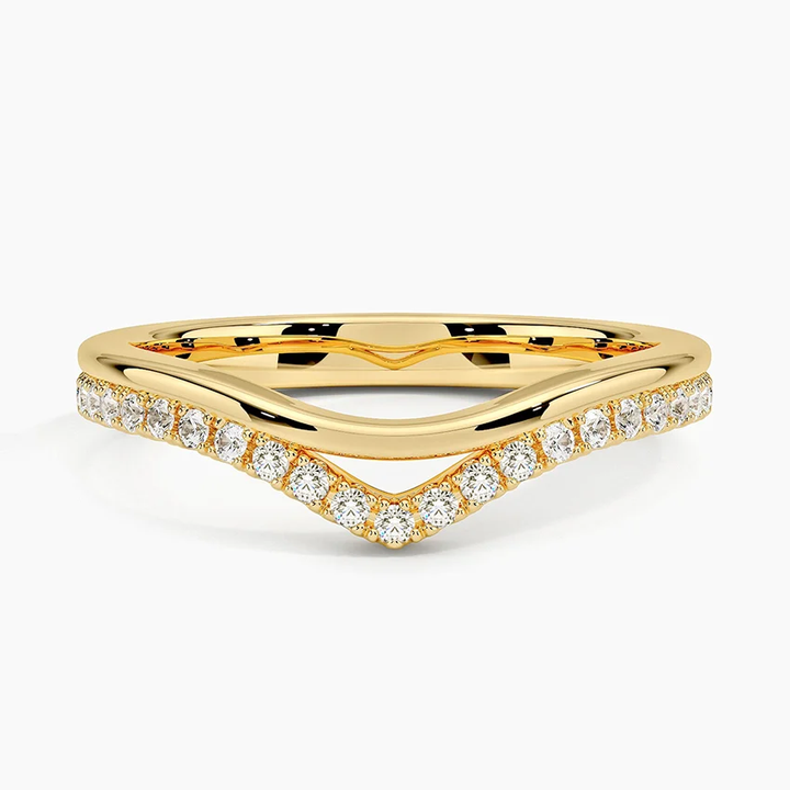 Chevron Diamond V Band Ring Set, Curved Wedding Band, Minimalist Stackable Ring