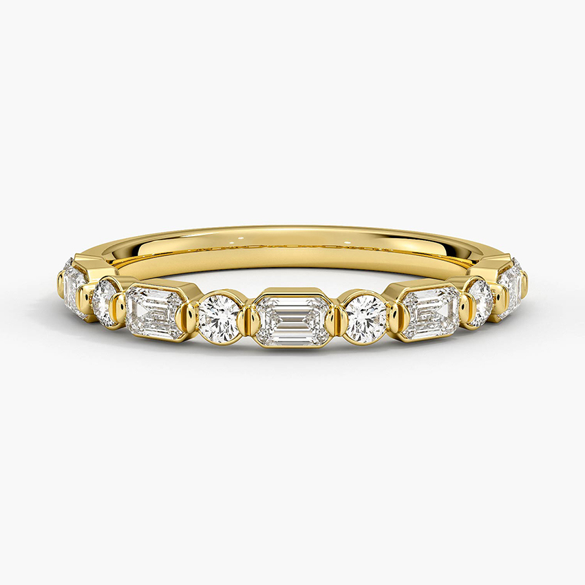 Emerald & Round Diamond Wedding Band, Alternating Diamond Ring, Minimalist Stackable Ring