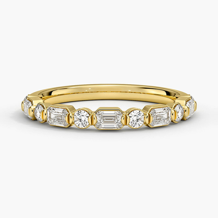 Emerald & Round Diamond Wedding Band, Alternating Diamond Ring, Minimalist Stackable Ring