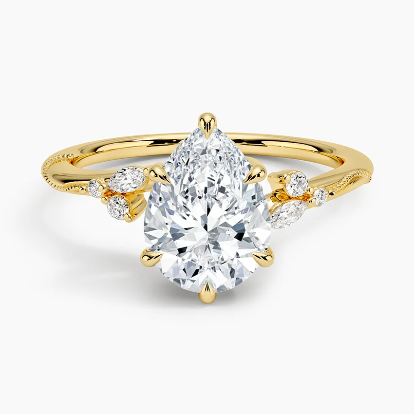 Pear Cut Moissanite Engagement Ring, Floral Cluster Diamond Ring, Vintage Inspired Solitaire Ring