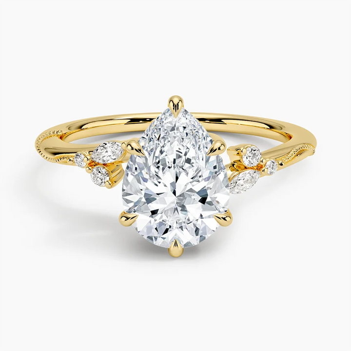 Pear Cut Moissanite Engagement Ring, Floral Cluster Diamond Ring, Vintage Inspired Solitaire Ring