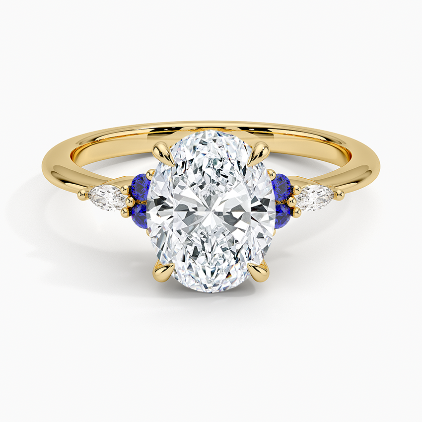 Oval Cut Diamond Engagement Ring with Blue Sapphire Accents, Three Stone Ring, Solid Gold Promise Ring