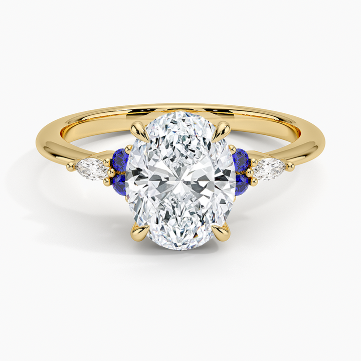 Oval Cut Diamond Engagement Ring with Blue Sapphire Accents, Three Stone Ring, Solid Gold Promise Ring