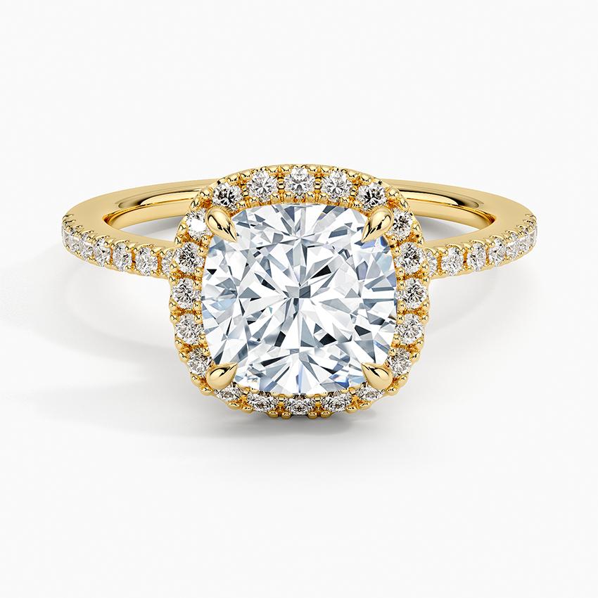 Cushion Cut Halo Diamond Engagement Ring, Pave Band Wedding Ring, Classic Bridal Ring