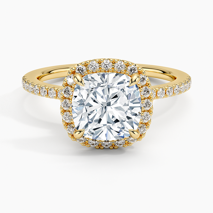 Cushion Cut Halo Diamond Engagement Ring, Pave Band Wedding Ring, Classic Bridal Ring