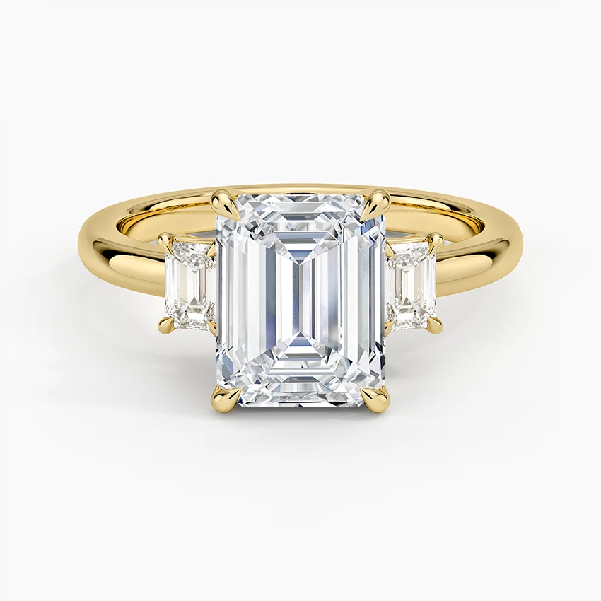 Emerald Cut Diamond Three Stone Ring, Engagement Ring, Classic Solitaire with Side Baguettes