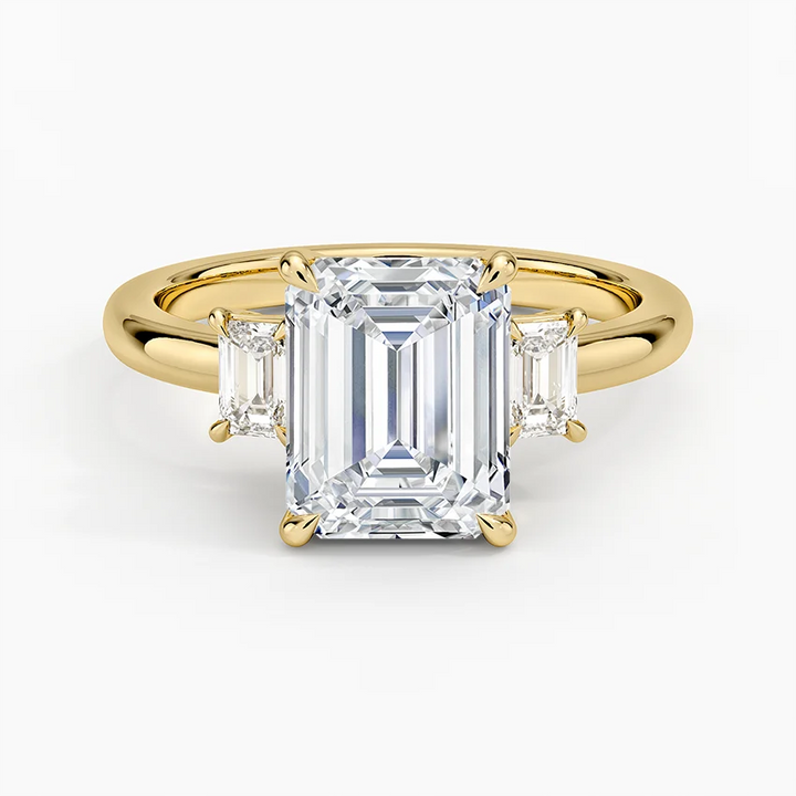 Emerald Cut Diamond Three Stone Ring, Engagement Ring, Classic Solitaire with Side Baguettes