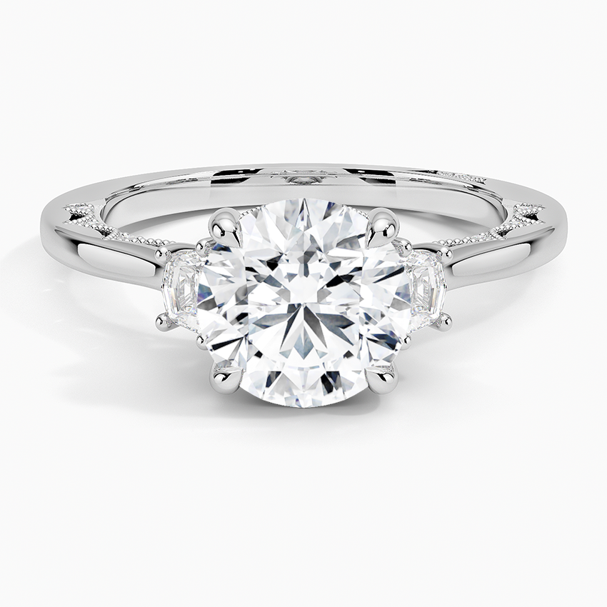 Round Cut Three-Stone Diamond Engagement Ring, Cushion Side Stones