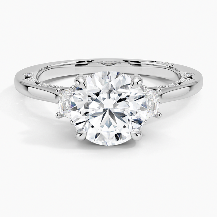 Round Cut Three-Stone Diamond Engagement Ring, Cushion Side Stones