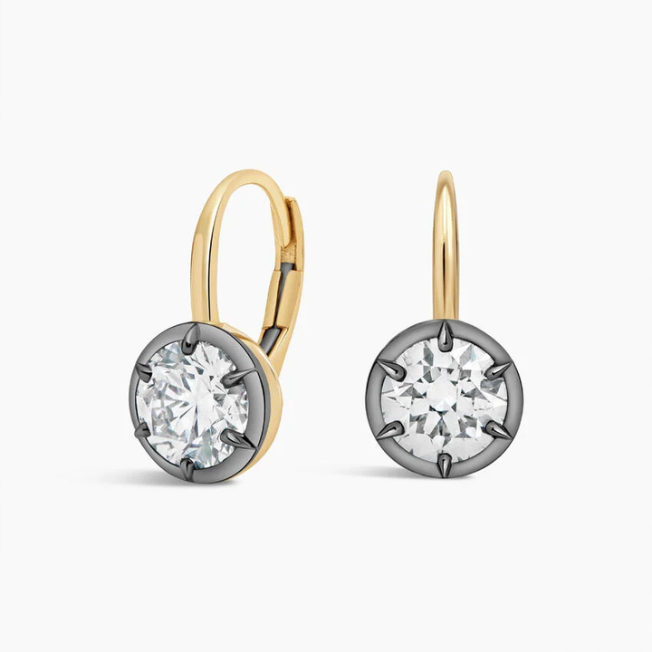 Round Cut Diamond Leverback Earrings, Two Tone Gold Drop Earrings, Minimalist Diamond Dangle Earrings