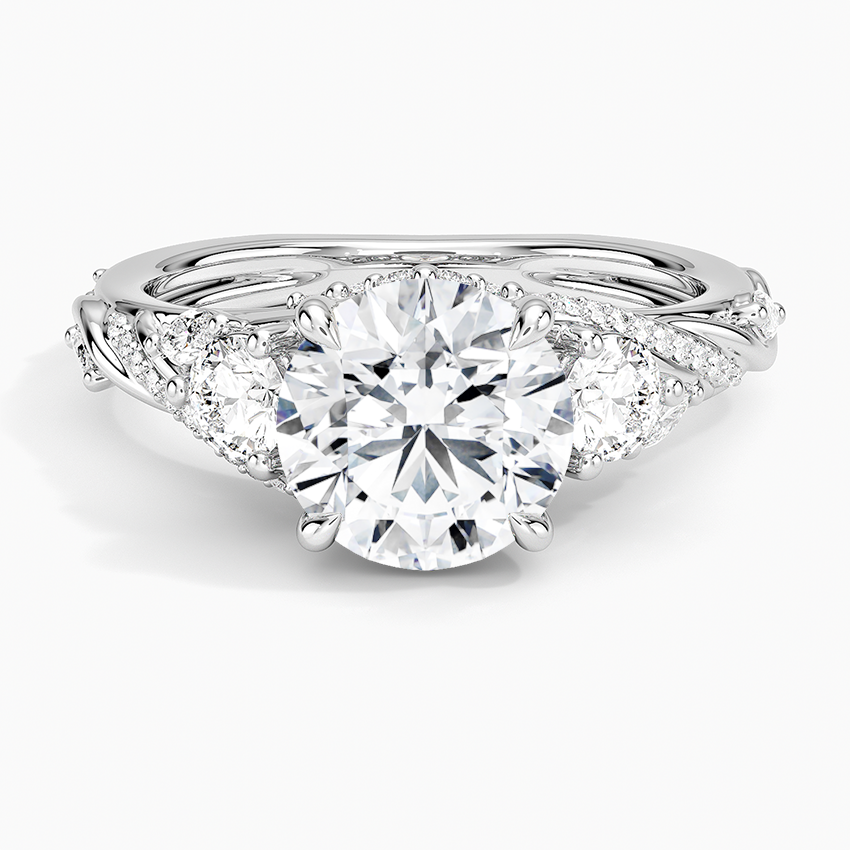 Round Cut Moissanite Engagement Ring, Twisted Pave Band Ring, 3 Stone Diamond Ring