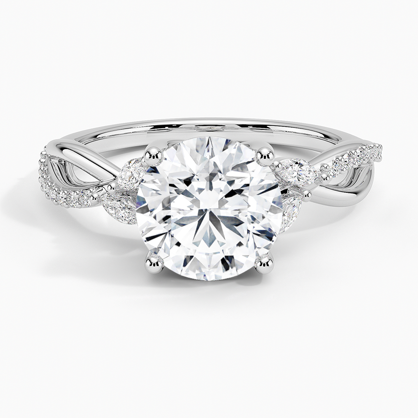 Twisted Infinity Moissanite Engagement Ring, Round Cut Solitaire with Marquise Side Stones, Vintage Leaf Vine Ring