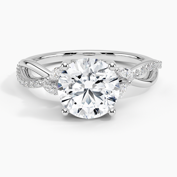 Twisted Infinity Moissanite Engagement Ring, Round Cut Solitaire with Marquise Side Stones, Vintage Leaf Vine Ring
