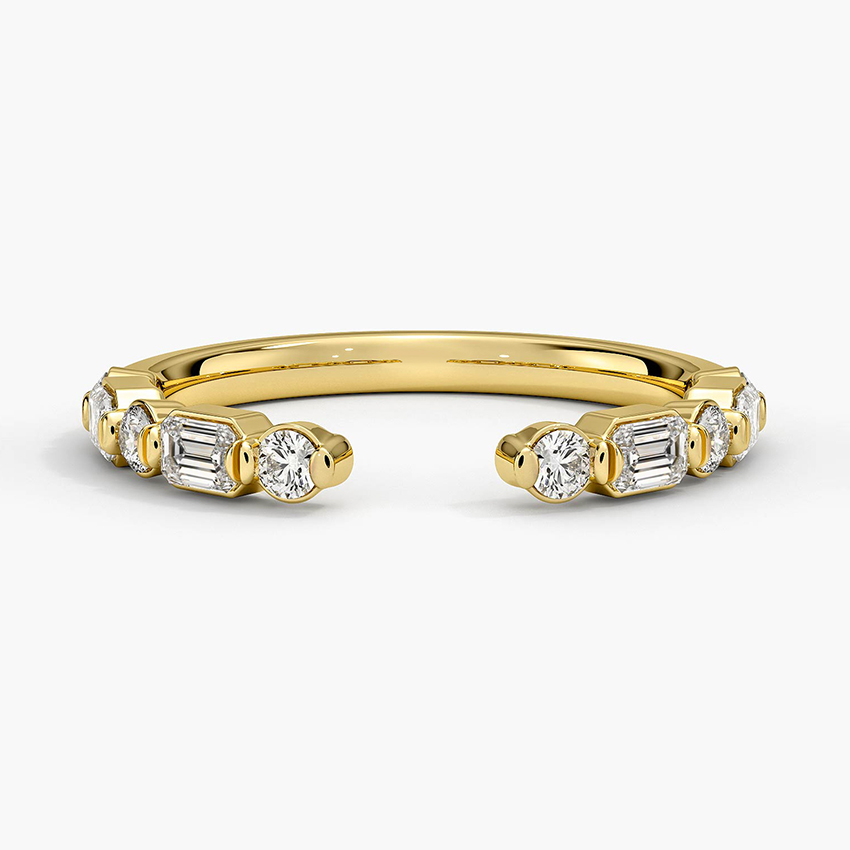 Open Diamond Ring, Round & Baguette Diamond Band, Minimalist Gold Adjustable Ring
