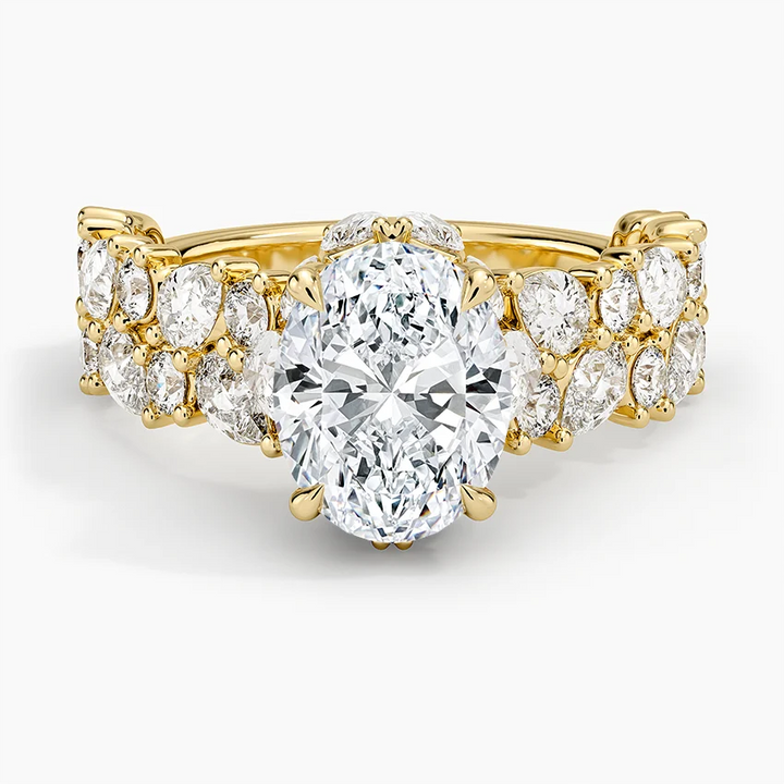 Oval Cut Diamond Engagement Ring, Cluster Side Stone Ring, Pave Band Oval Solitaire Ring
