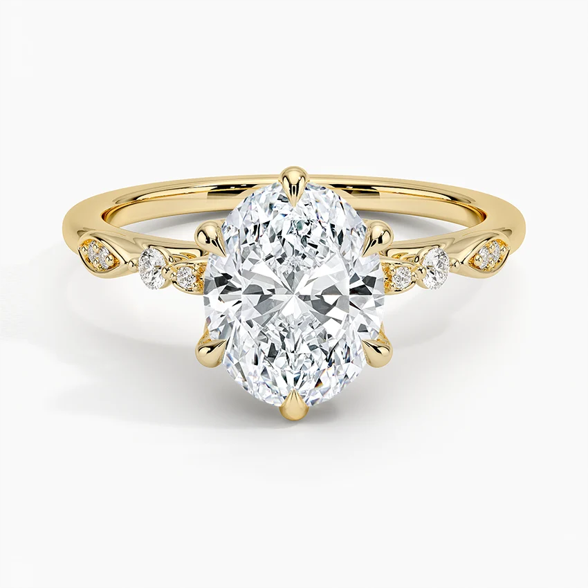 Oval Cut Diamond Engagement Ring, Leaf Inspired Pave Band, Nature Inspired Solitaire Ring