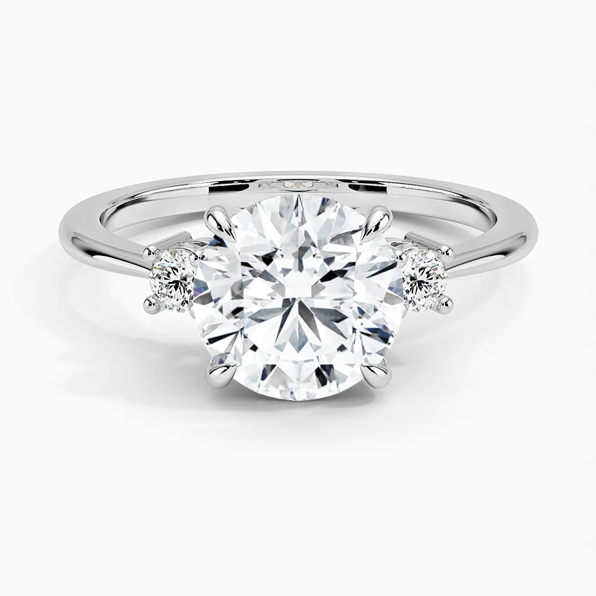 Three Stone Round Cut Diamond Engagement Ring, Solid Gold, Classic Minimalist Bridal Ring