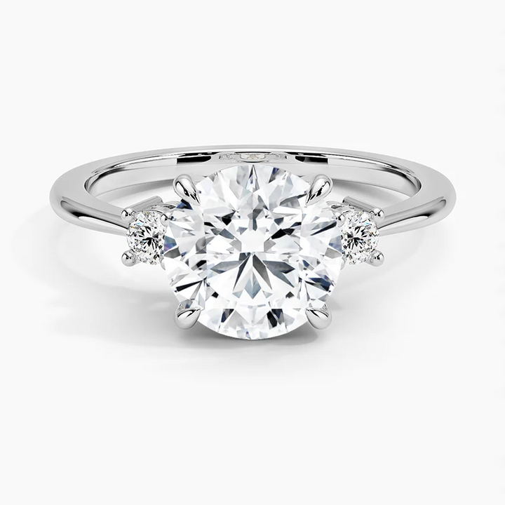 Three Stone Round Cut Diamond Engagement Ring, Solid Gold, Classic Minimalist Bridal Ring