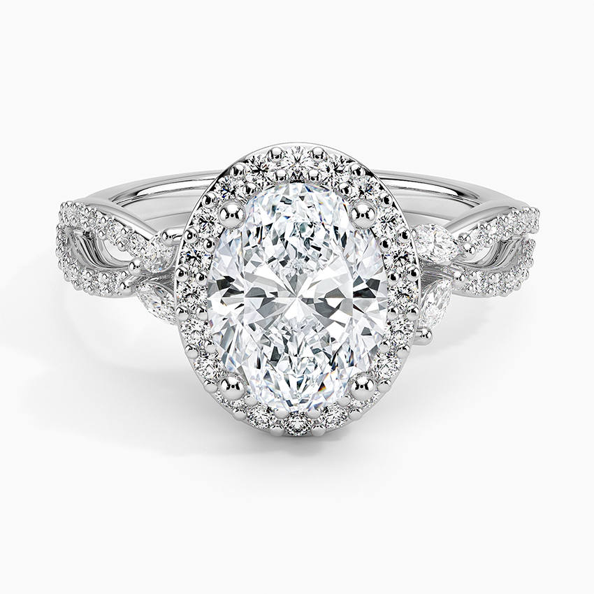 Oval Cut Halo Diamond Engagement Ring with Twisted Pavé Band, Vintage Inspired Oval Ring,