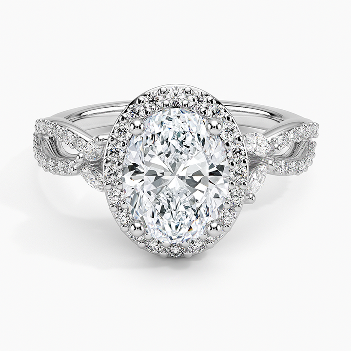 Oval Cut Halo Diamond Engagement Ring with Twisted Pavé Band, Vintage Inspired Oval Ring,