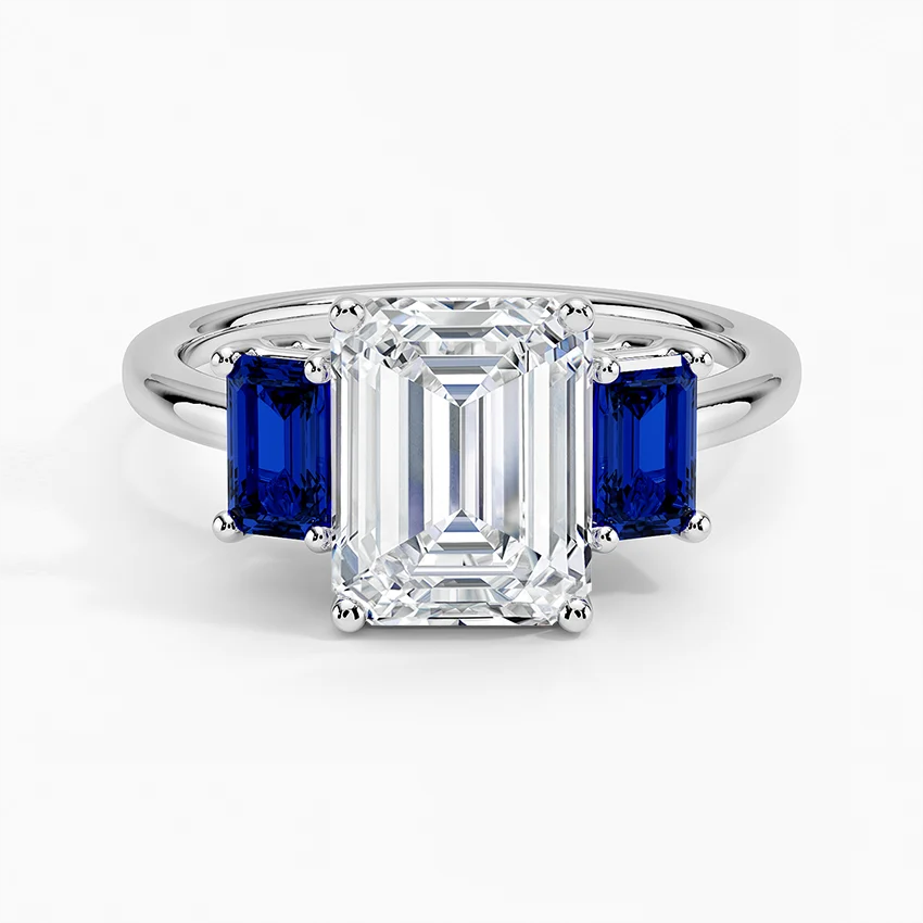 Emerald Cut Diamond Three Stone Ring with Blue Sapphire Side Stones, Vintage Style Engagement Ring, Anniversary Gift