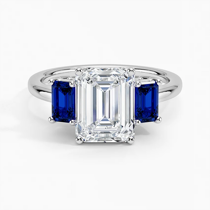 Emerald Cut Diamond Three Stone Ring with Blue Sapphire Side Stones, Vintage Style Engagement Ring, Anniversary Gift