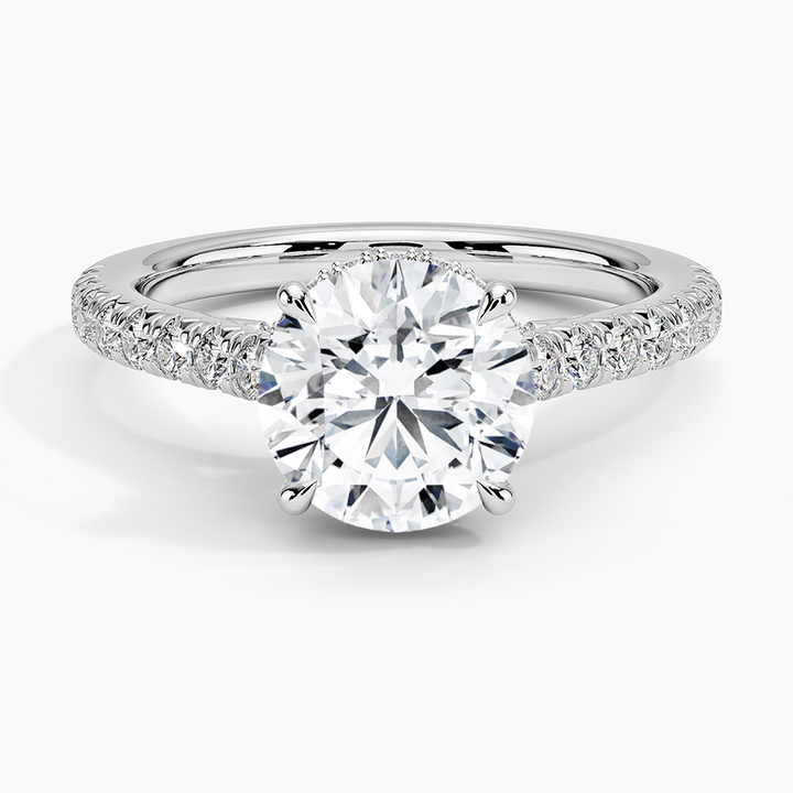 Round Cut Solitaire Diamond Engagement Ring, Pave Band Wedding Ring, Moissanite Bridal Ring