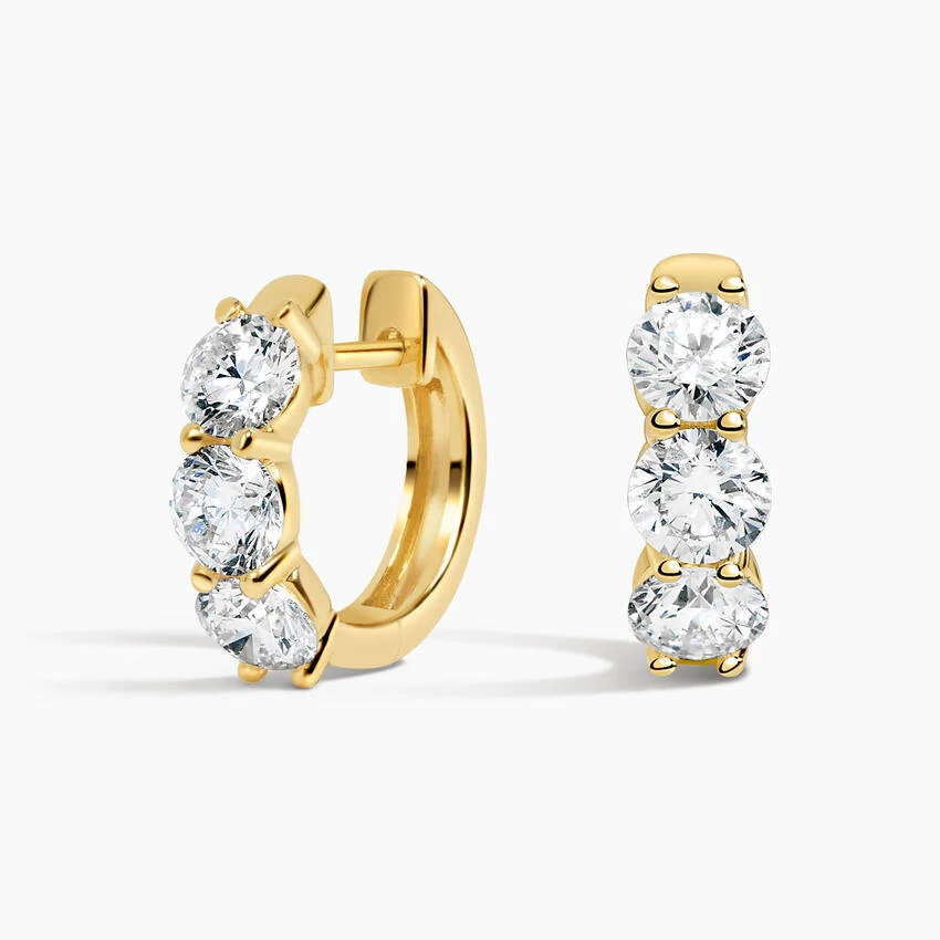 Three-Stone Diamond Huggie Hoop Earrings, Minimalist Everyday Diamond Hoops