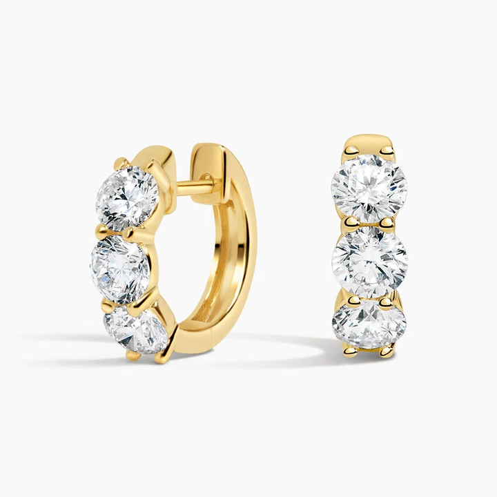 Three-Stone Diamond Huggie Hoop Earrings, Minimalist Everyday Diamond Hoops