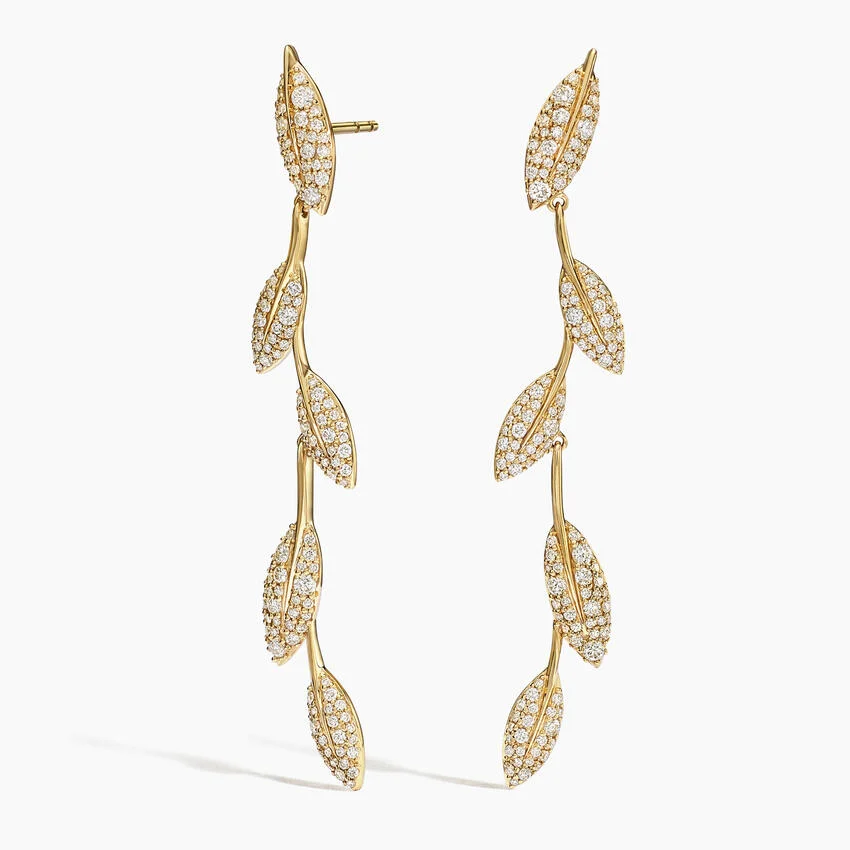 Elegant Diamond Leaf Drop Earrings, Long Pave Vine Dangle Earrings, Nature Inspired Fine Jewelry