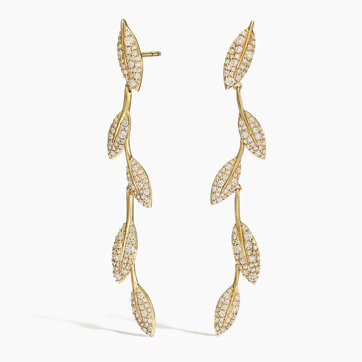 Elegant Diamond Leaf Drop Earrings, Long Pave Vine Dangle Earrings, Nature Inspired Fine Jewelry