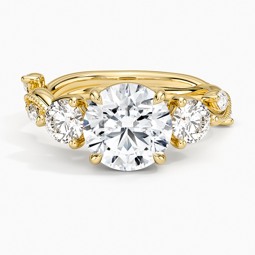 Round Cut Moissanite Engagement Ring with Emerald Leaf Band, Nature Inspired Vine Ring, Unique Bridal Ring
